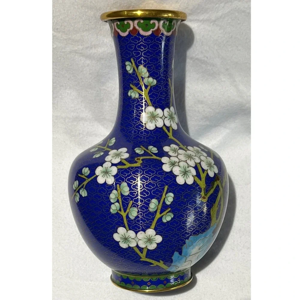 Vintage‎ Chinese Cloisonne Enamel Vase Cobalt Blue Cherry Blossom Bird 8 Inch